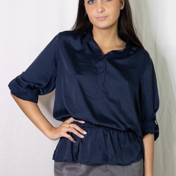 Michael Kors Blue Half Button Peplum Collar Top - Picture 2 of 8